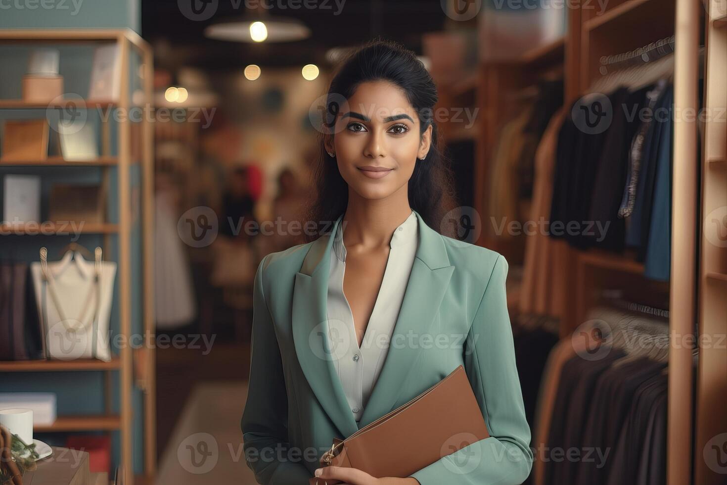 Confident Indian Asian Entrepreneur in Boutique with Laptop photo