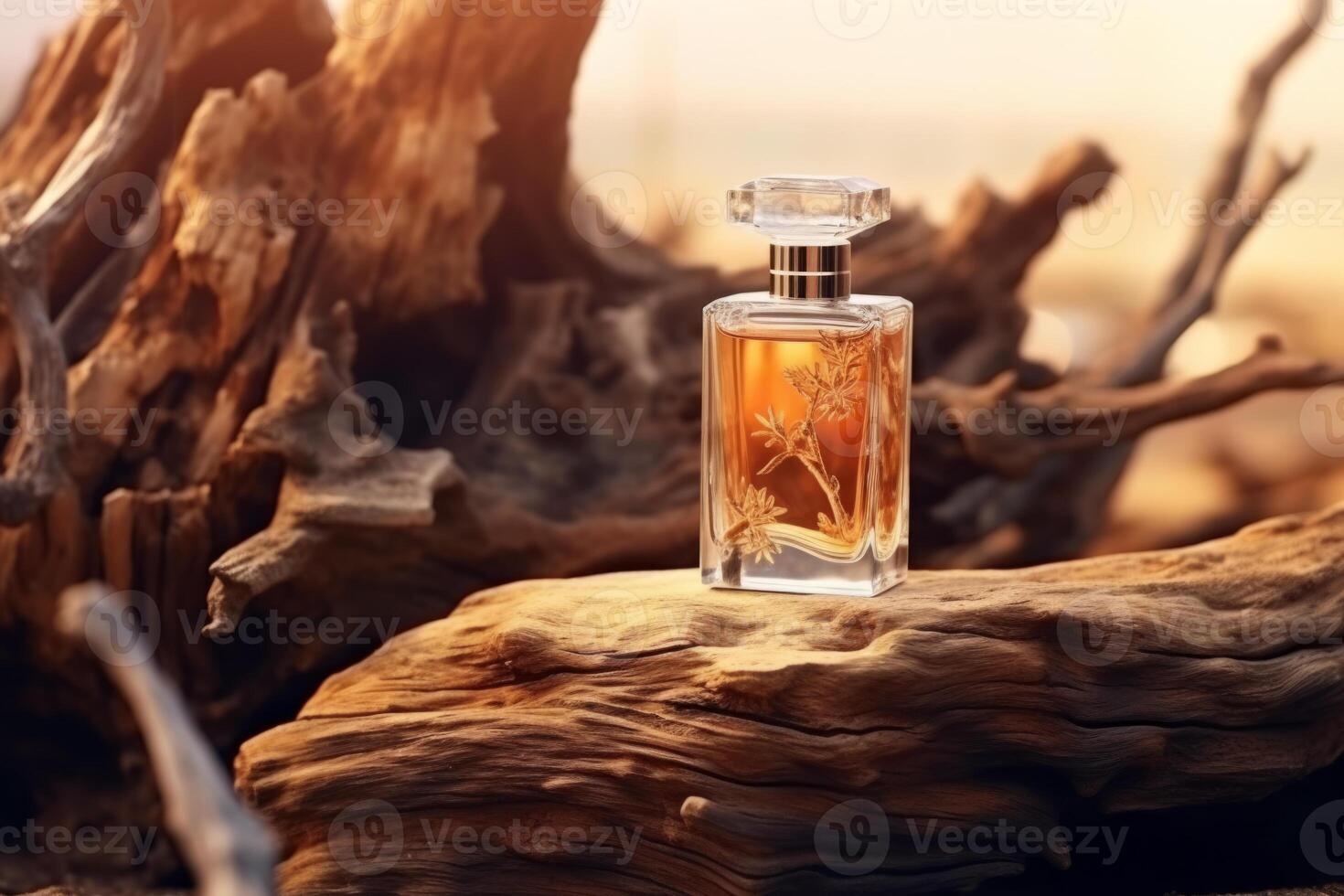 AI generated Transparent perfume bottle with woody notes on aged wooden snag photo