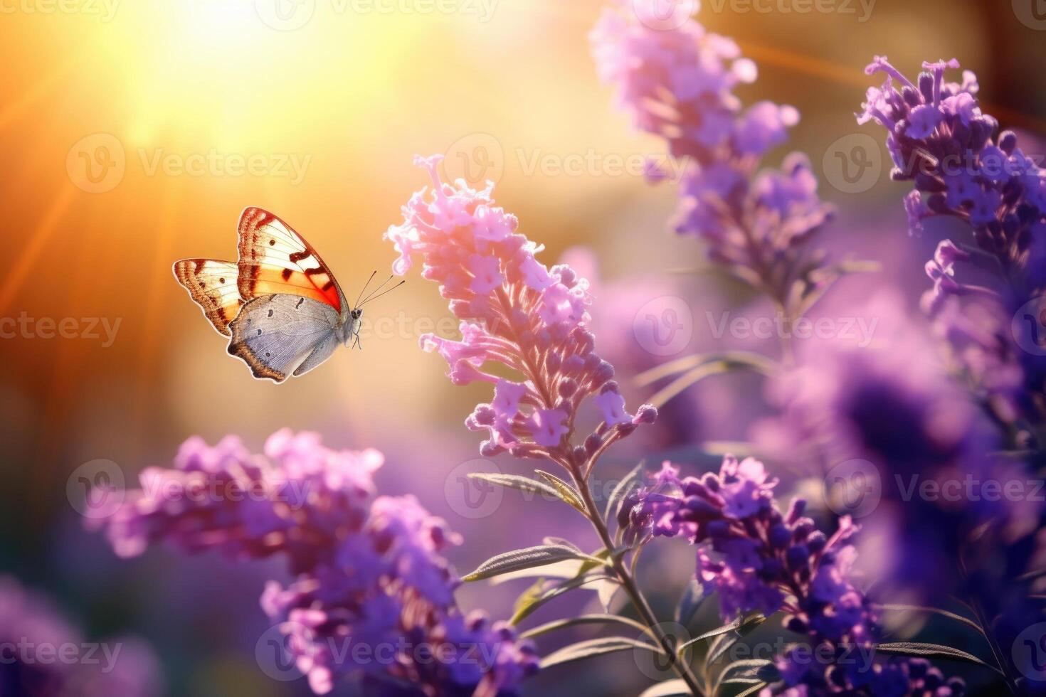 ai generado hermosa lavanda flores y mariposas en naturaleza foto