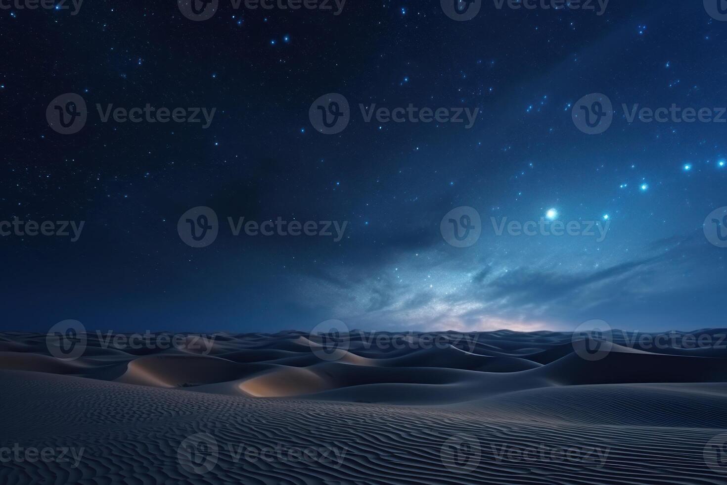 ai generado escénico ver de arenoso Desierto debajo estrellado cielo en noche foto