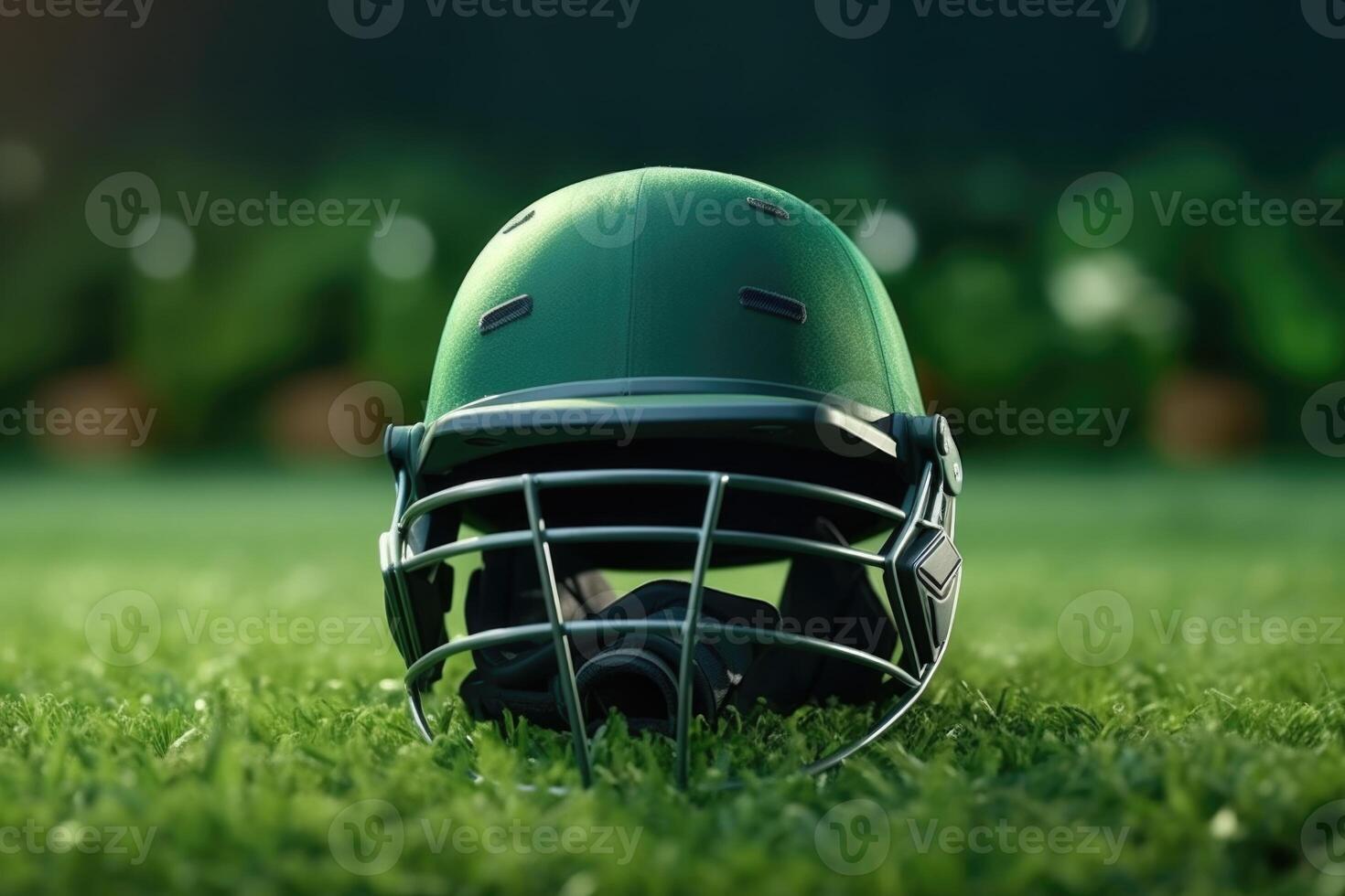 AI generated Cricket fans helmet on green grass with focused lights. photo