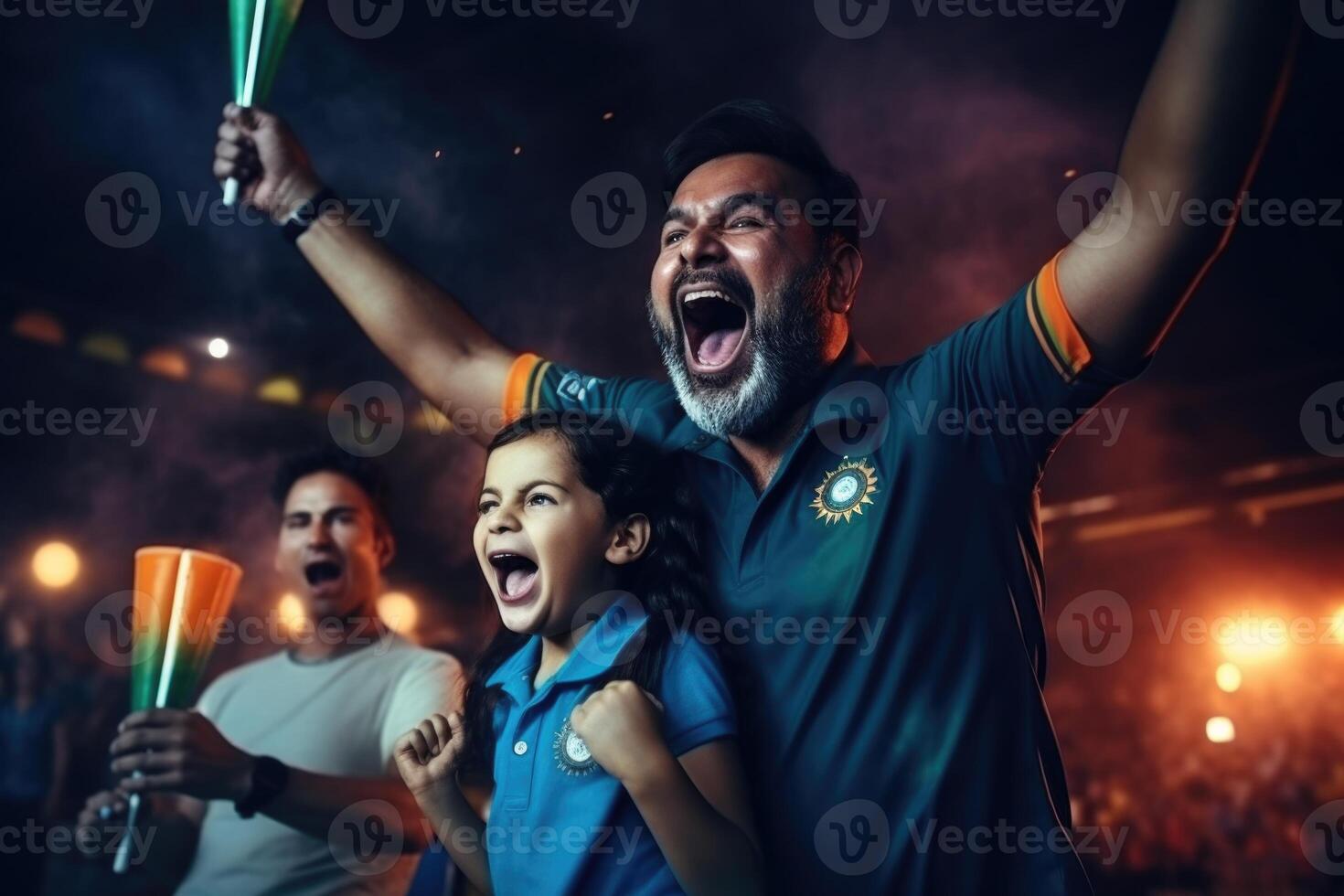 ai generado emocionado padre celebra indios Grillo ganar con hija. foto