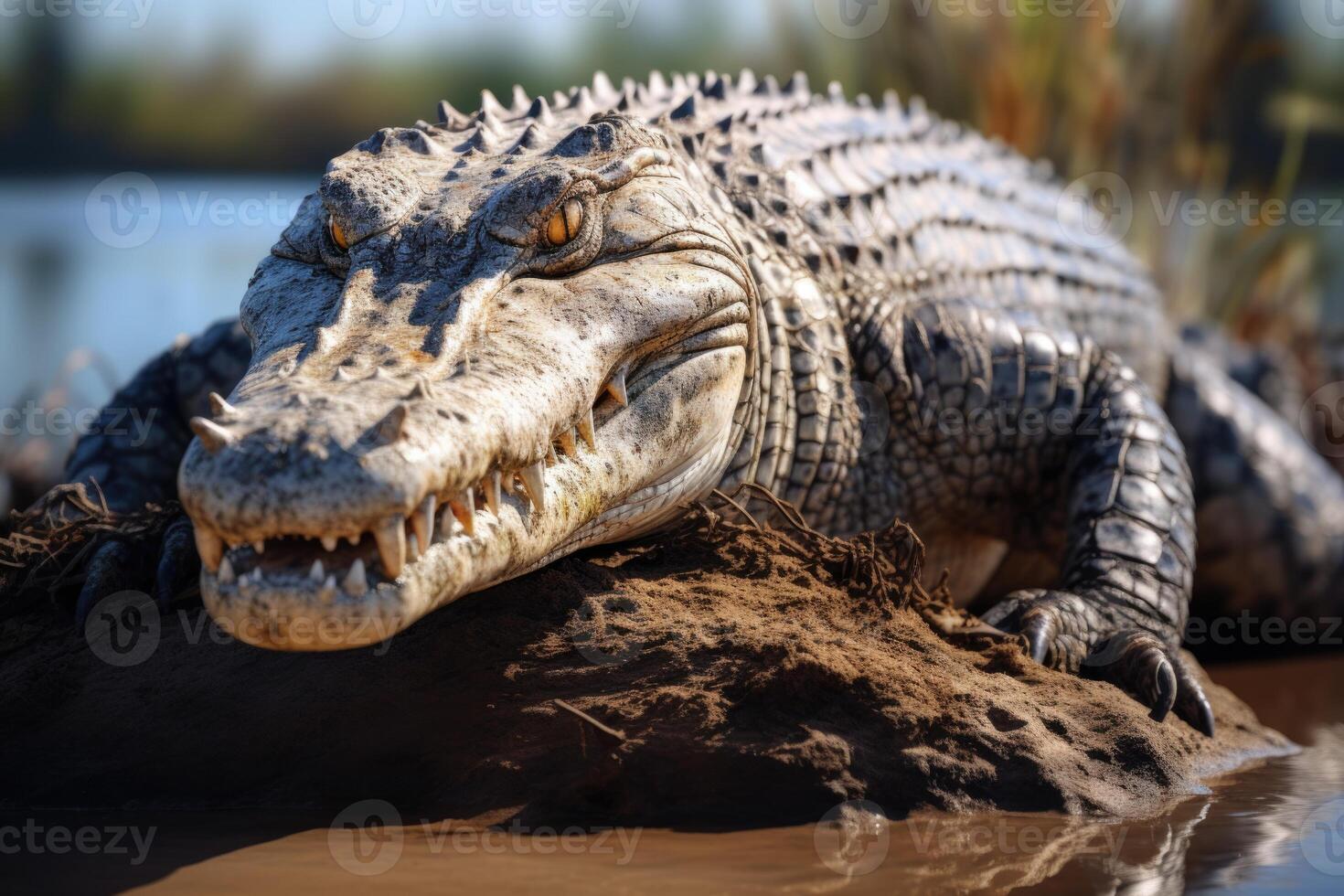 AI generated Large female saltwater crocodile on muddy river bank. photo