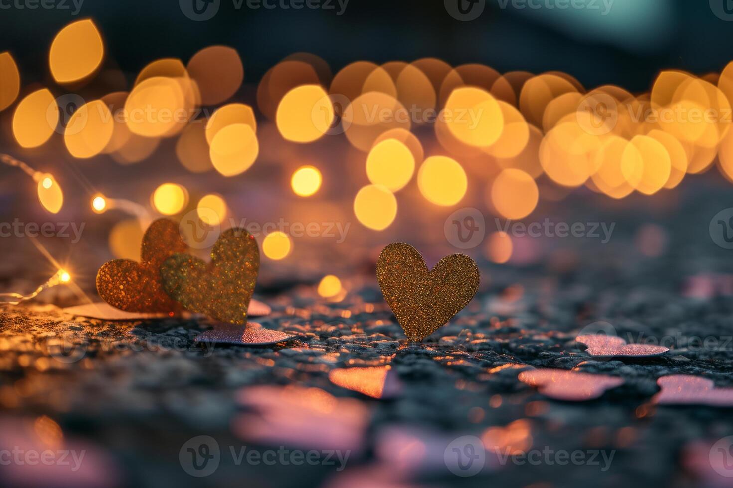 AI generated Valentine mockup with heart-shaped bokeh on grey backdrop. photo