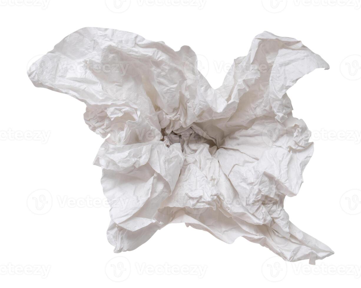 Single screwed or crumpled tissue paper or napkin in strange shape after use in toilet or restroom isolated on white background with clipping path photo