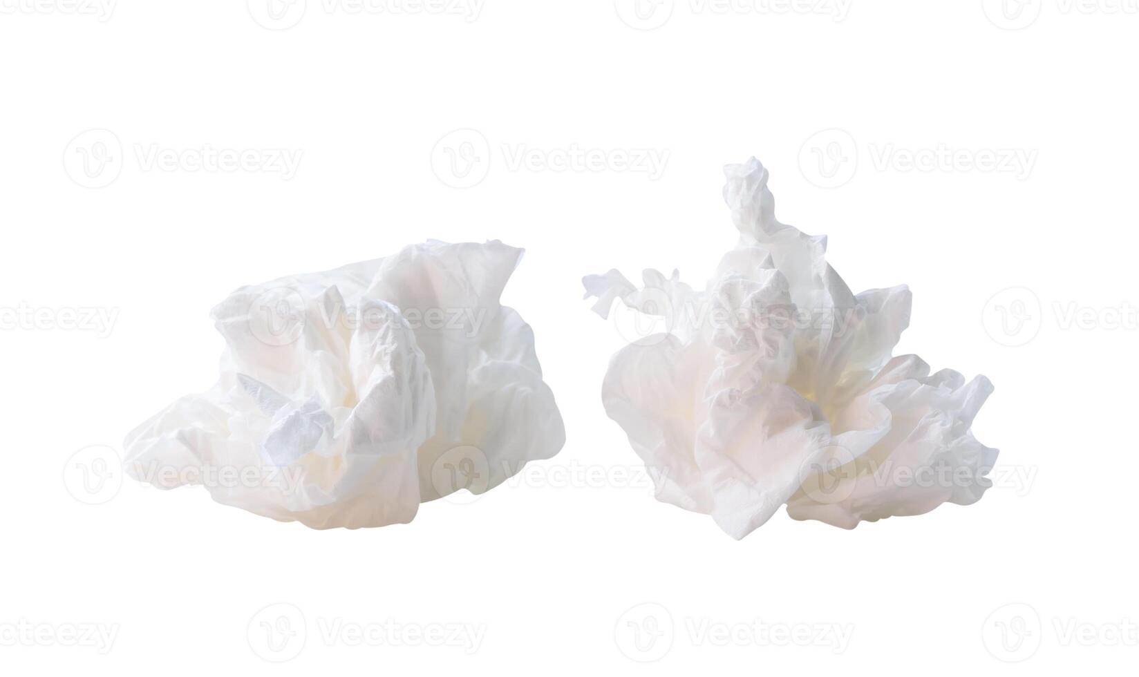 Front view of white screwed or crumpled tissue paper or napkin in set in strange shape after use in toilet or restroom isolated on white background with clipping path photo