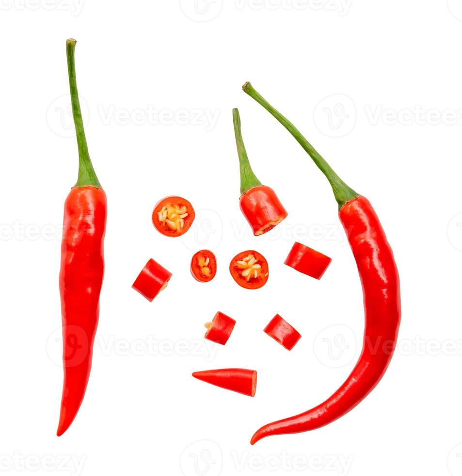 Top view set of red chili pepper with slices or pieces isolated on white background with clipping path photo