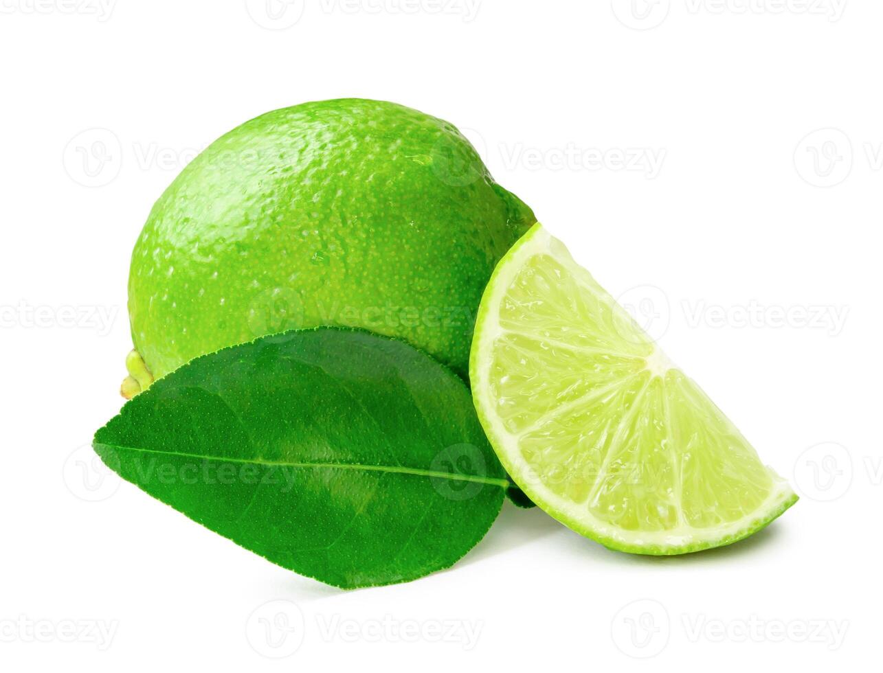 Front view of green lemon fruit with slice or quarter isolated on white background with clipping path photo