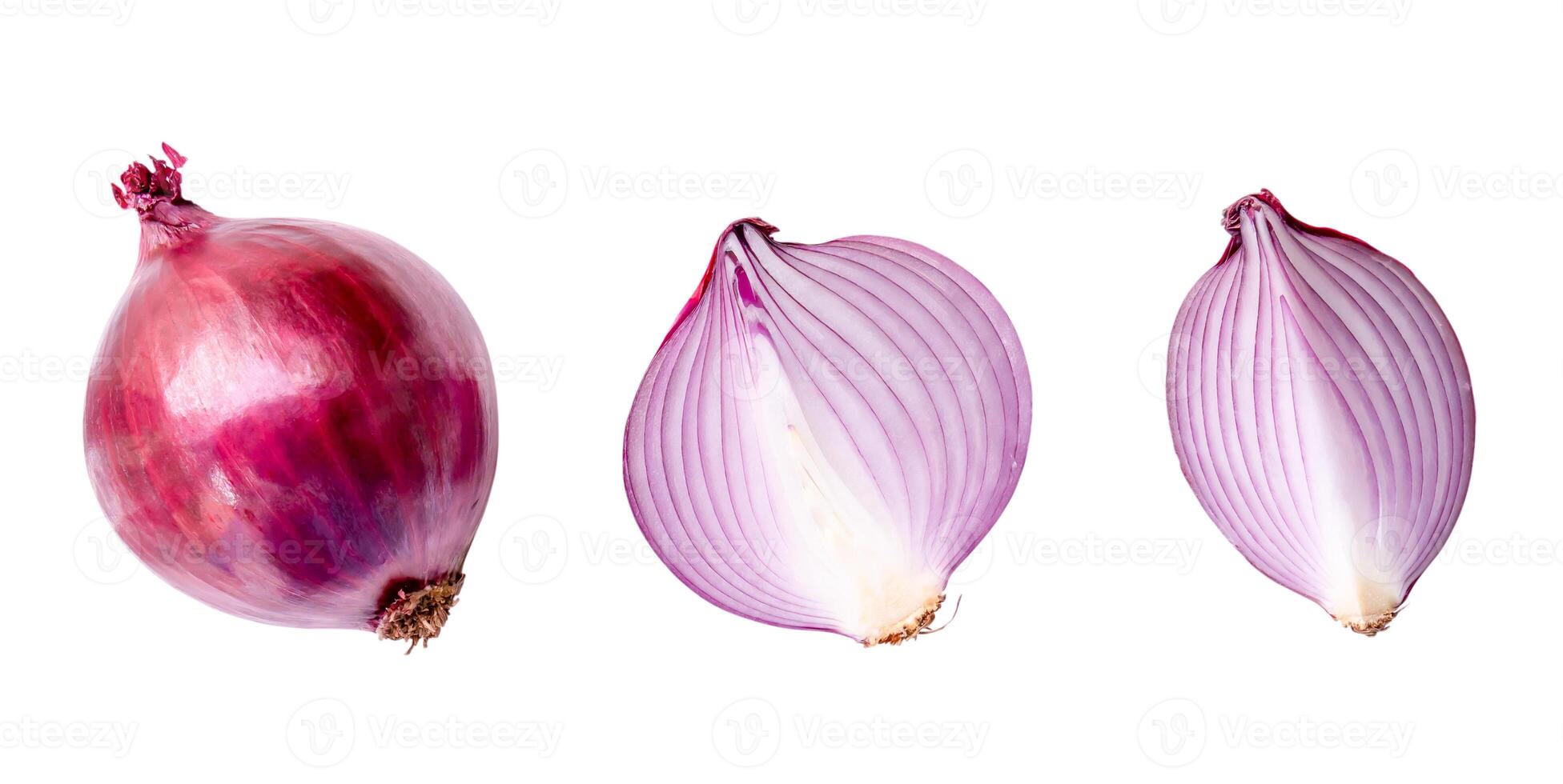 Top view of red or purple onion bulb with half and slice in set isolated on white background with clipping path photo