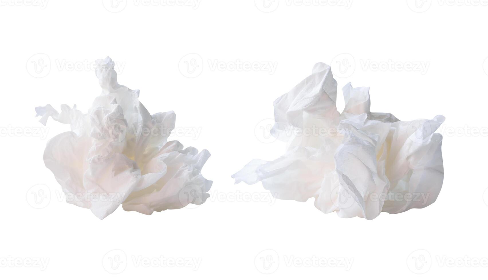 Front view of white screwed or crumpled tissue paper or napkin in set in strange shape after use in toilet or restroom isolated on white background with clipping path photo
