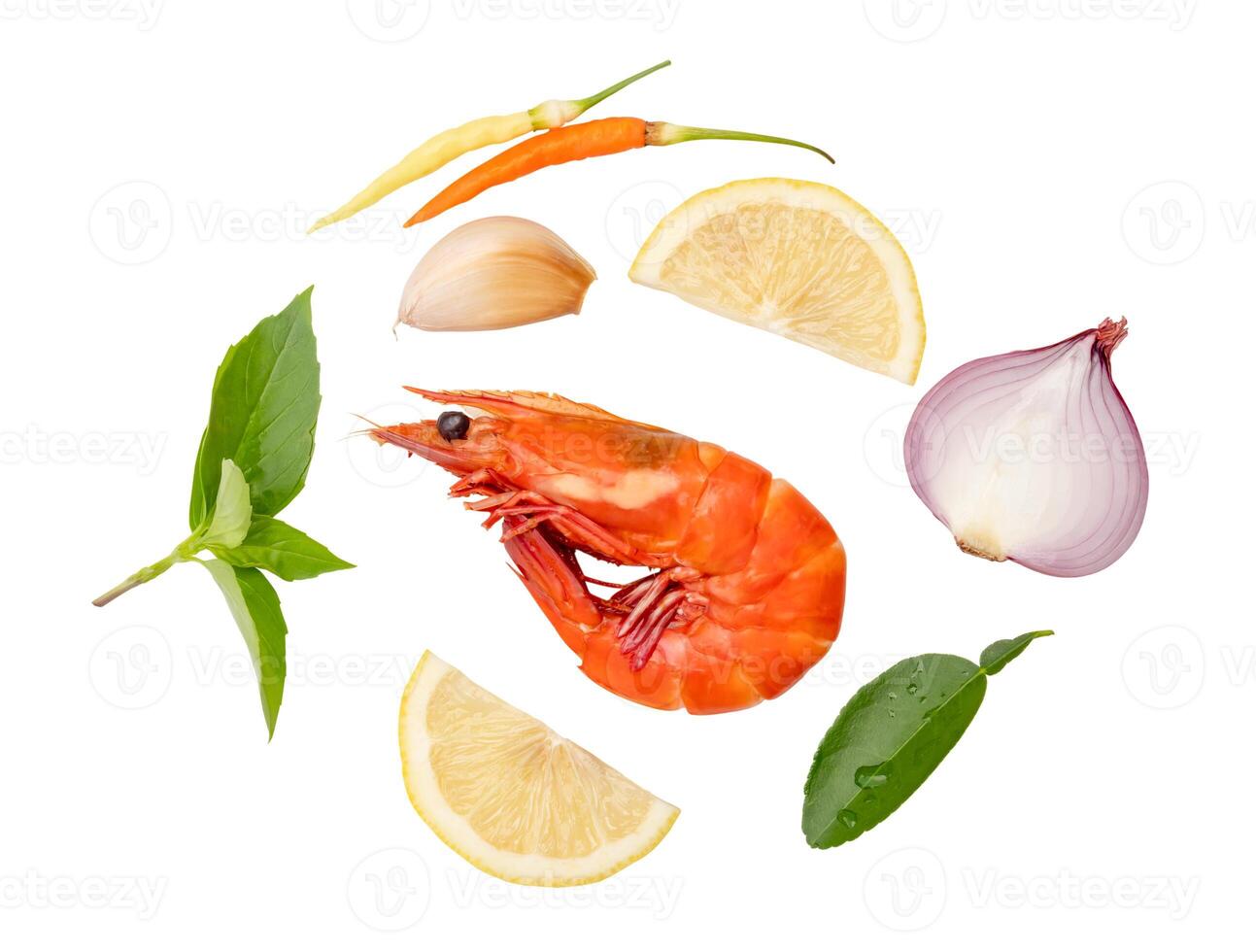 Single red cooked prawn or shrimp with spice or seasoning in set prepared for Thai prawn soup isolated on white background with clipping path photo