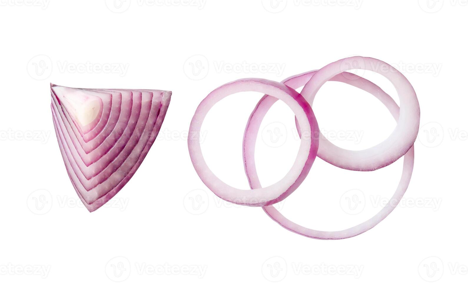 Top view of fresh red or purple onion ring slices isolated on white background with clipping path photo