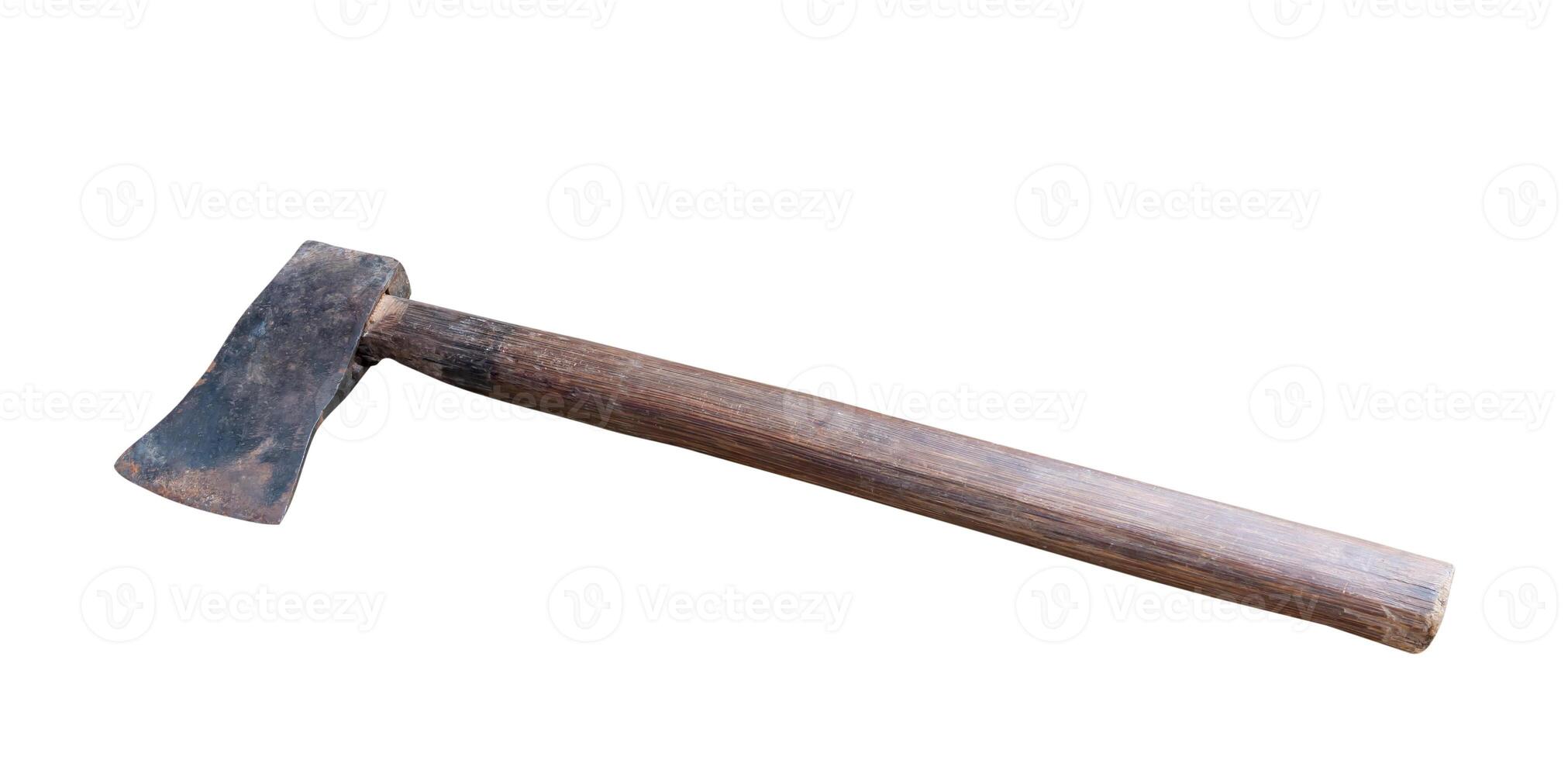 Old rust dirty dark gray axe with brown wooden handle isolated on white background with clipping path photo