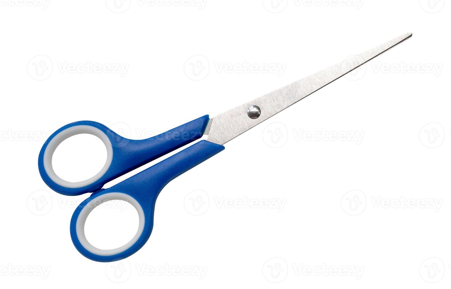 Top view of multipurpose scissors with blue handle isolated on white background with clipping path photo