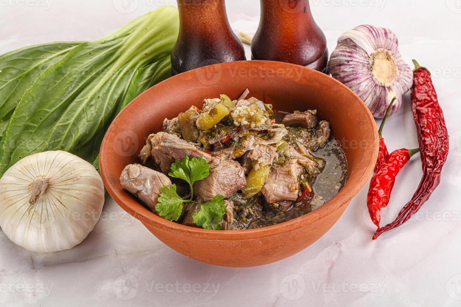 Steamed lamb meat with vegetables photo