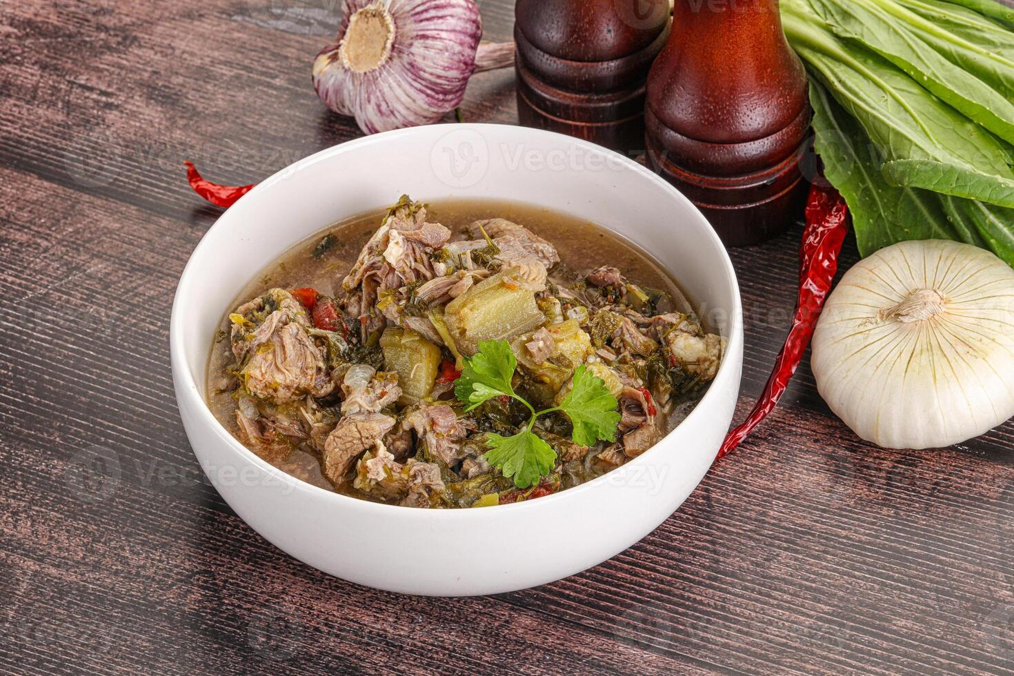 Steamed lamb meat with vegetables photo