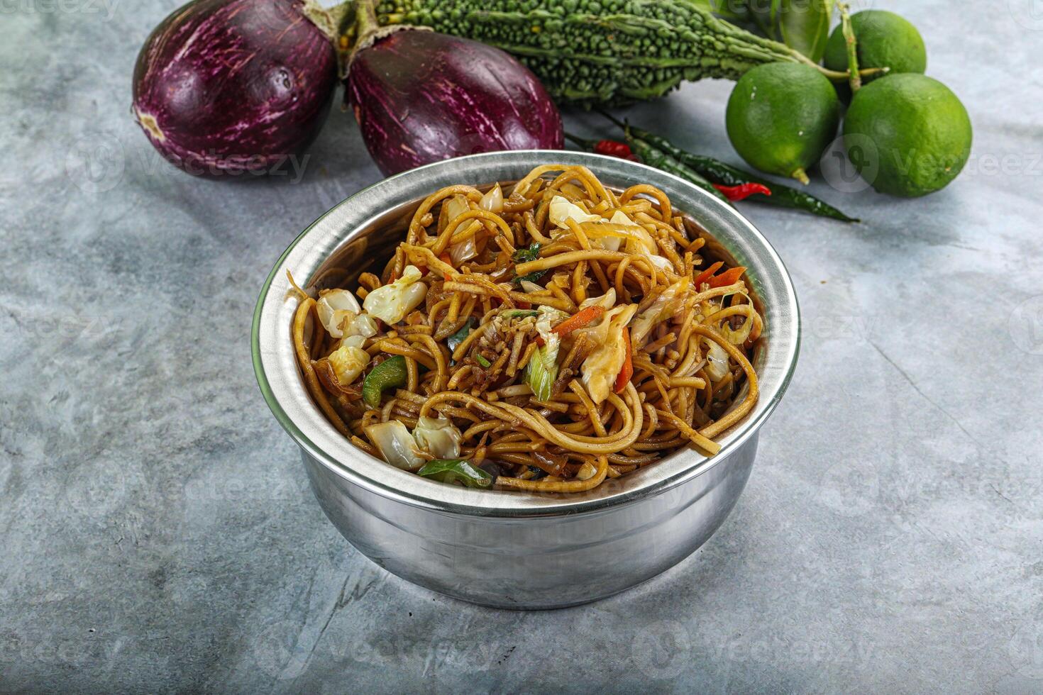 Stir fried noodles with vegetables photo