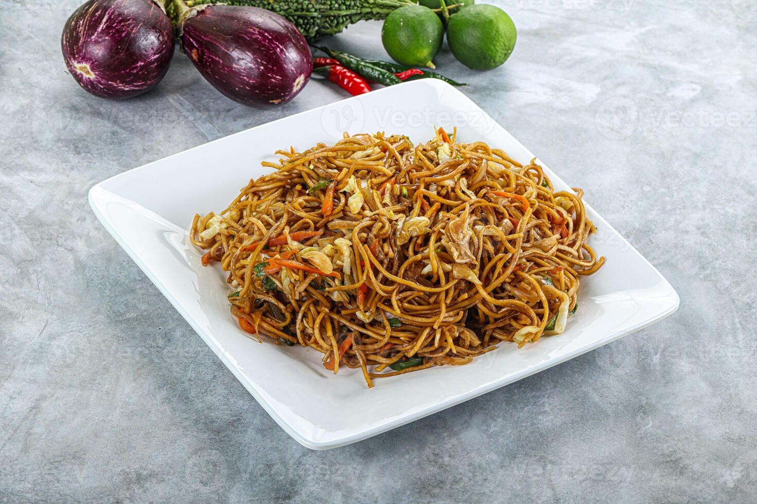 Stir fried noodles with vegetables photo