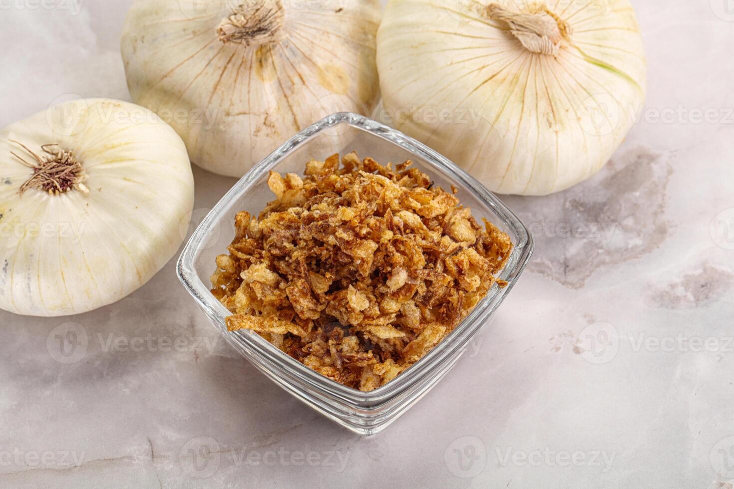 Dried roasted onion flakes for culinary photo