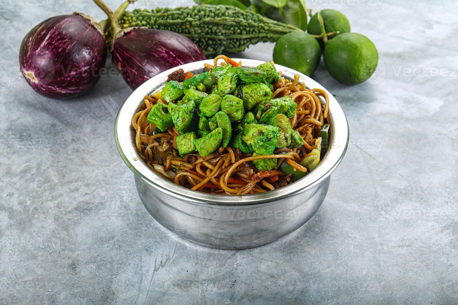 Stir fried noodles with chicken photo
