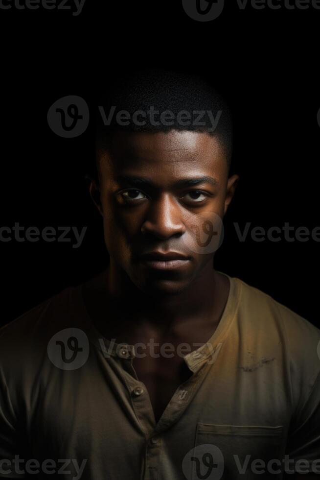 AI generated Portrait of a serious man of the African race on a black background photo