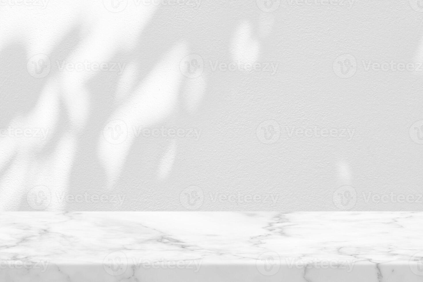 Marble Table with Leaves Shadow on Stucco Wall Texture Background, Suitable for Product Presentation Backdrop, Display, and Mock up. photo