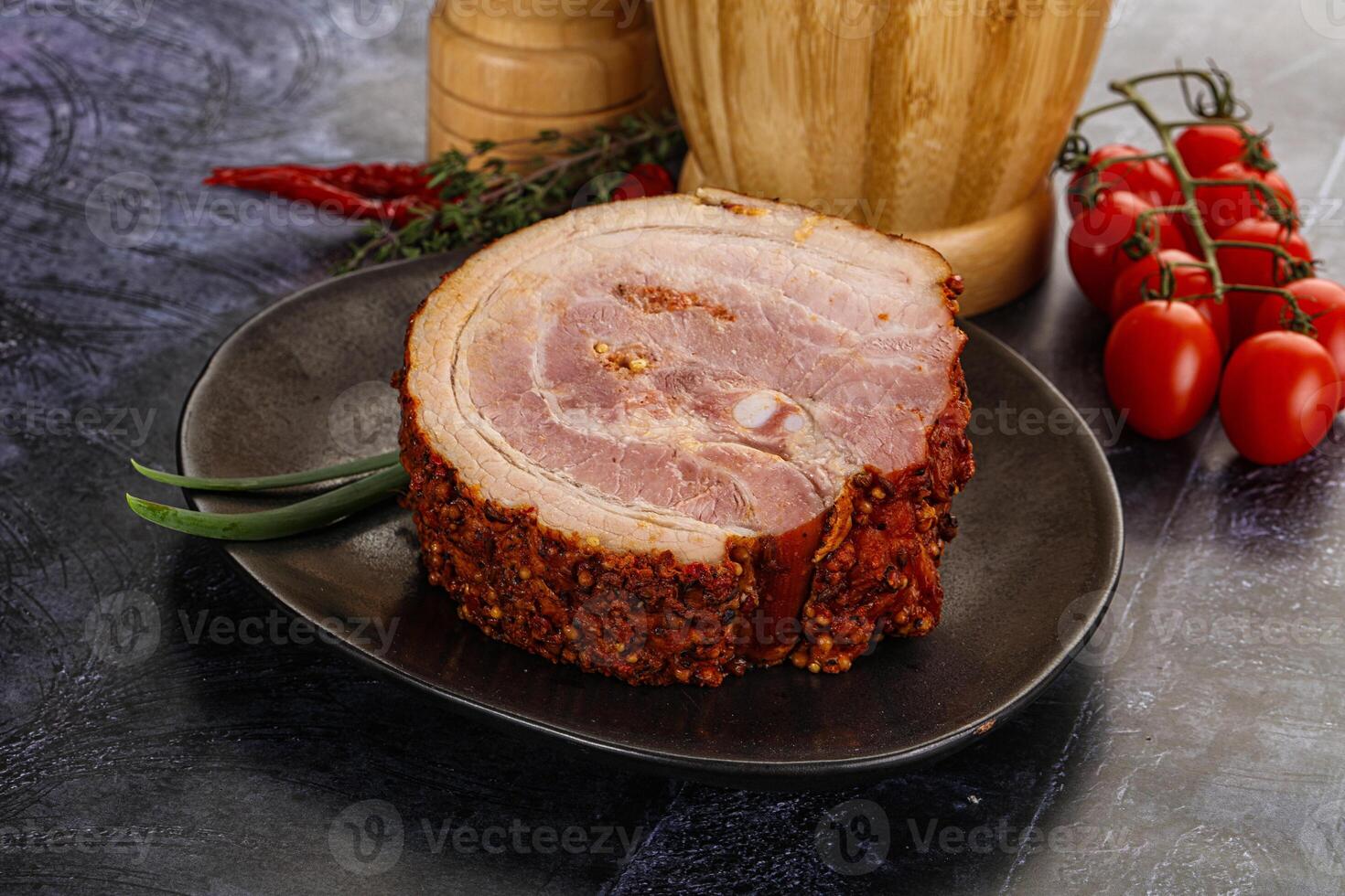 Tasty and fat smoked pork belly photo