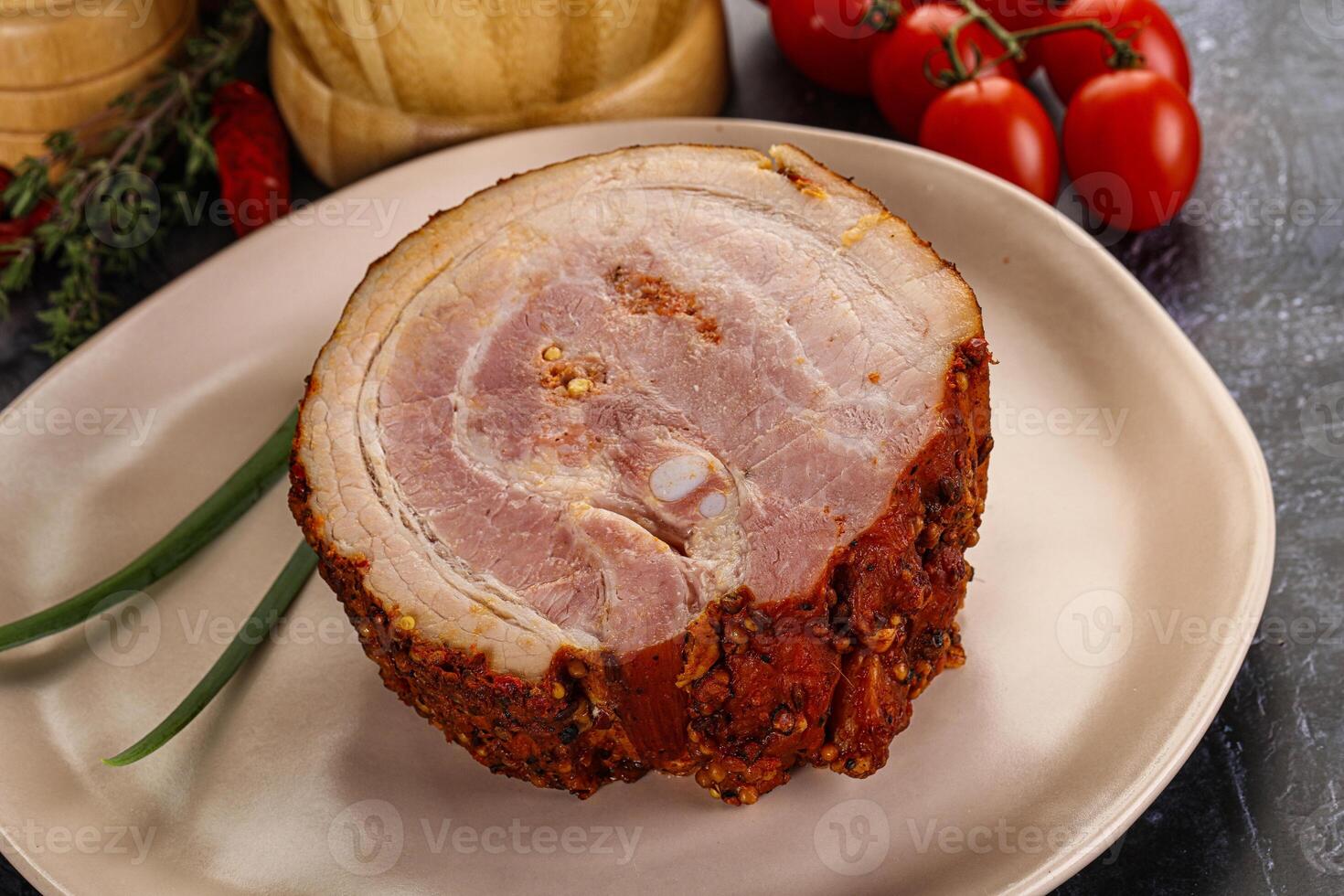 Tasty and fat smoked pork belly photo