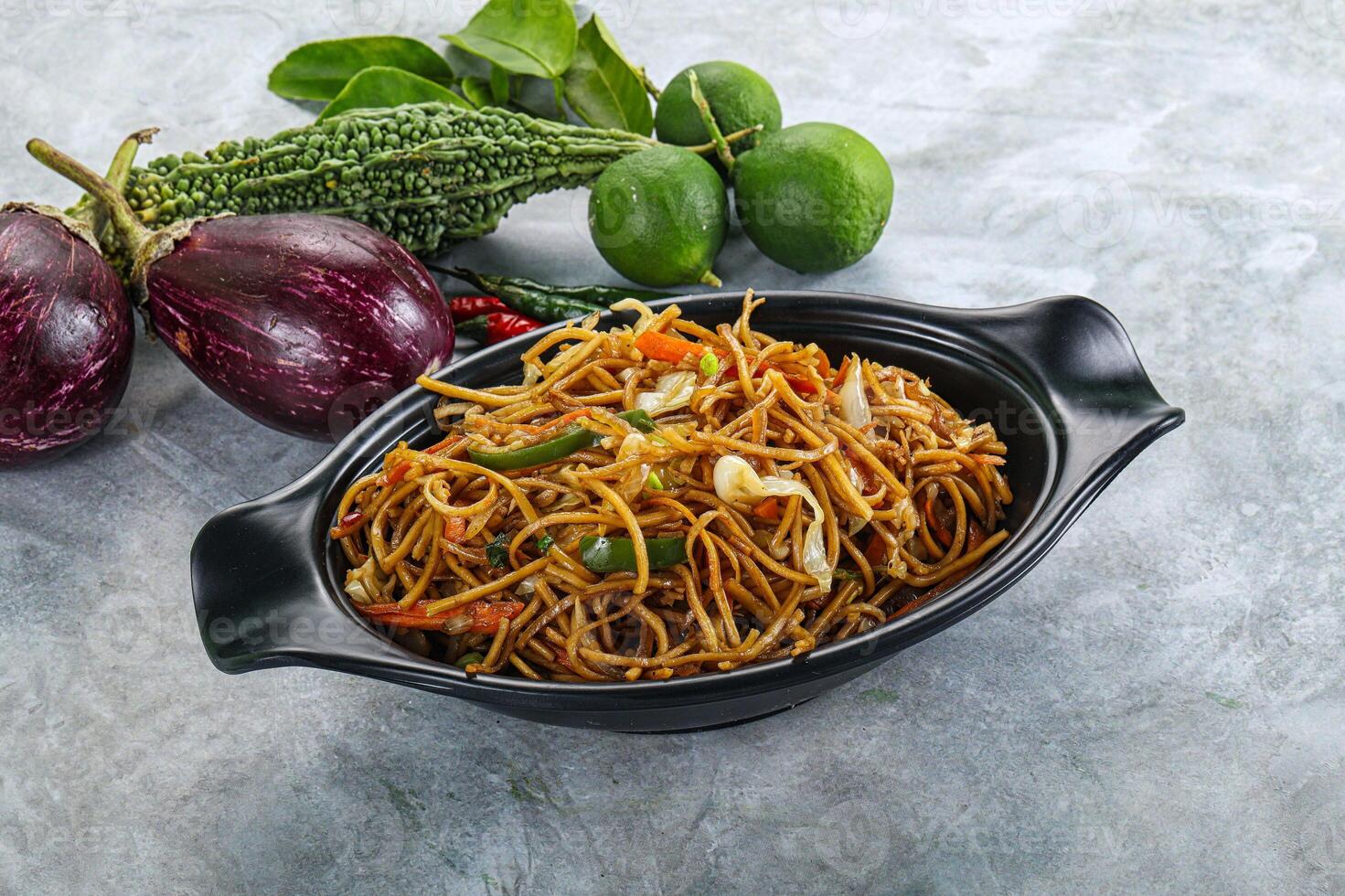 Stir fried noodles with vegetables photo