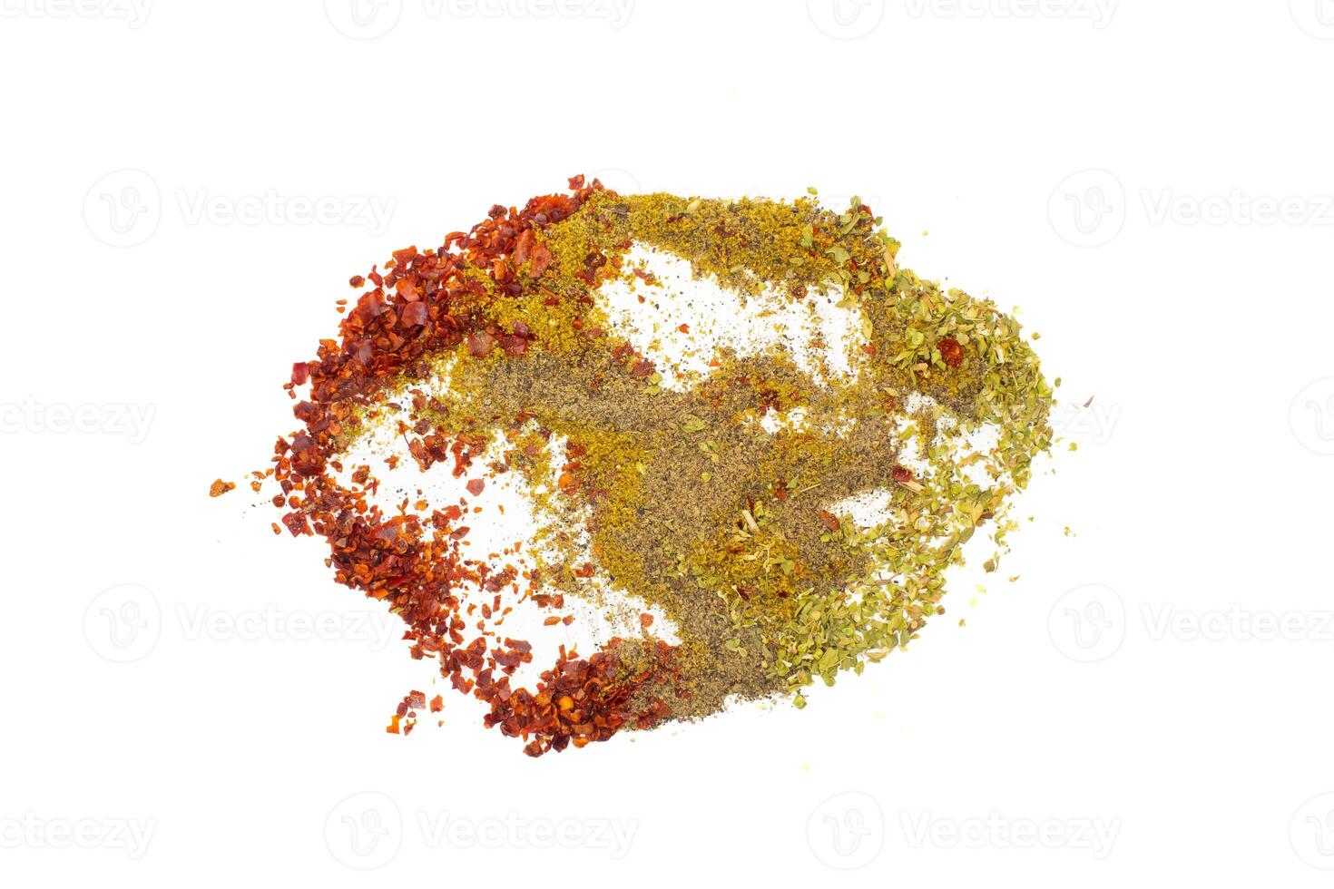 Various mixed spices isolated on a white background. Top view, flat lay. photo