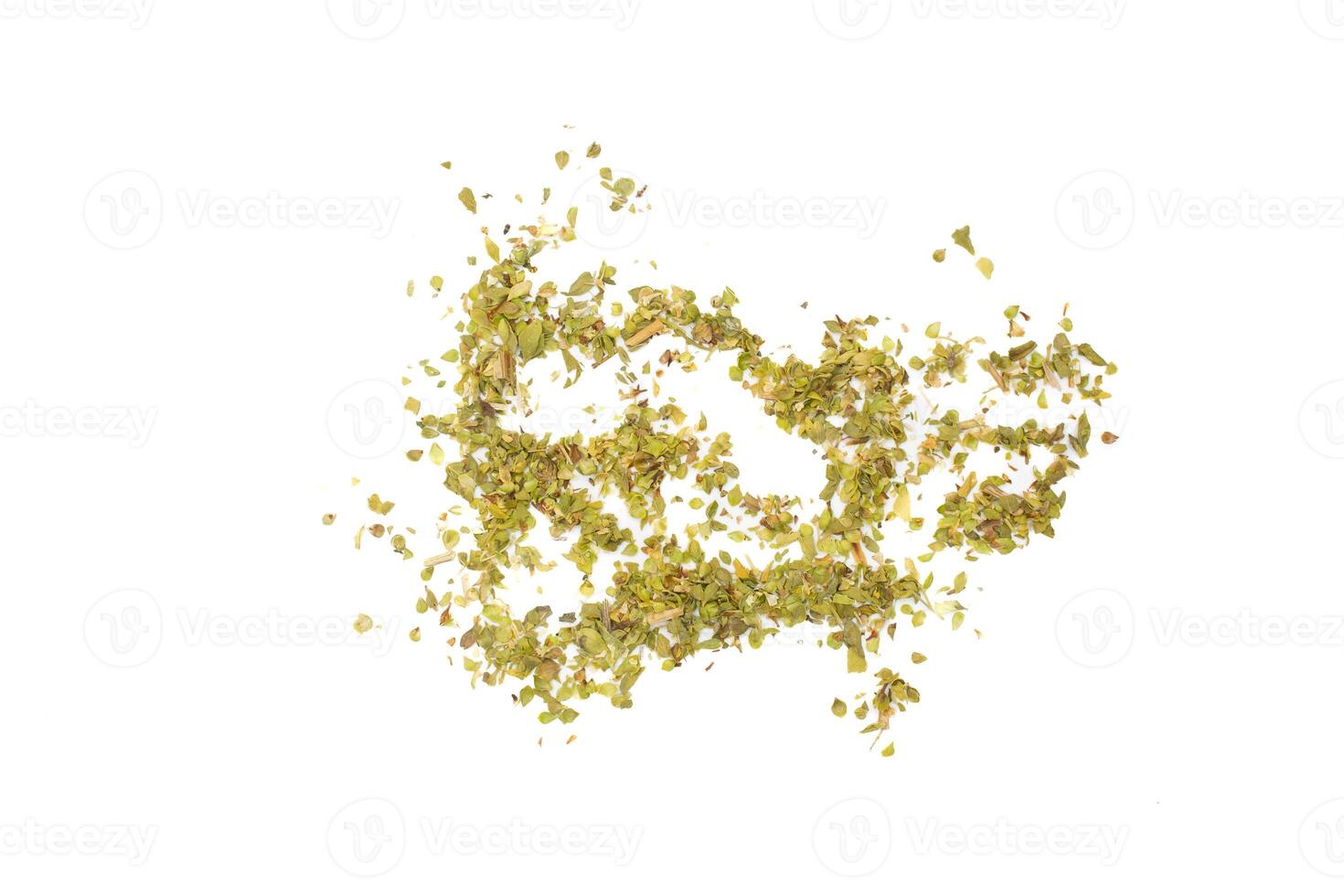 Pile of dried oregano isolated on white background. Top view, flat lay. photo