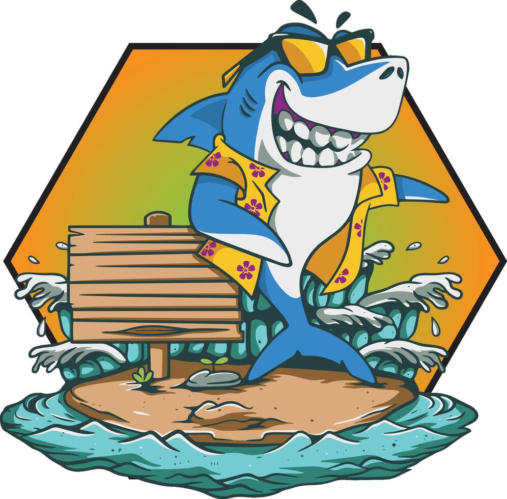 A cartoon shark with a sign on an island. vector