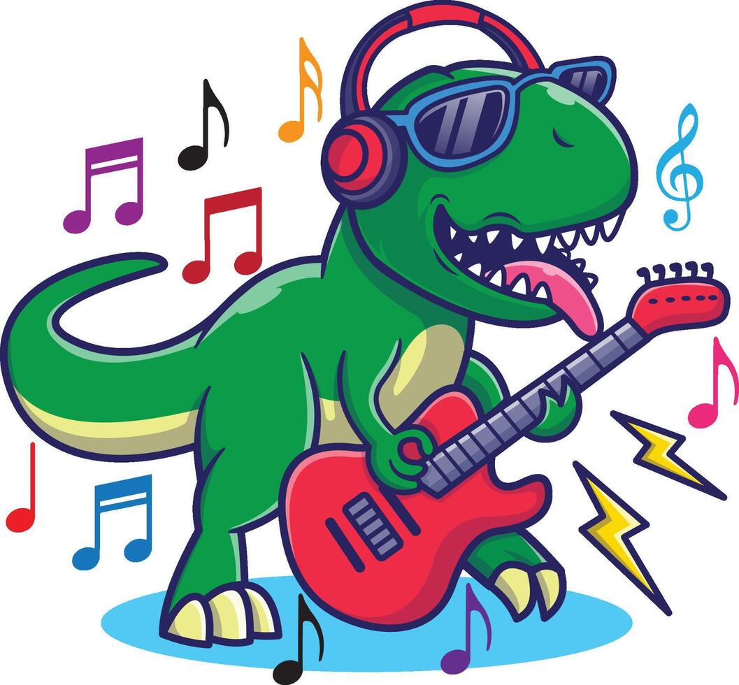 un dibujos animados dinosaurio jugando guitarra con música notas vector