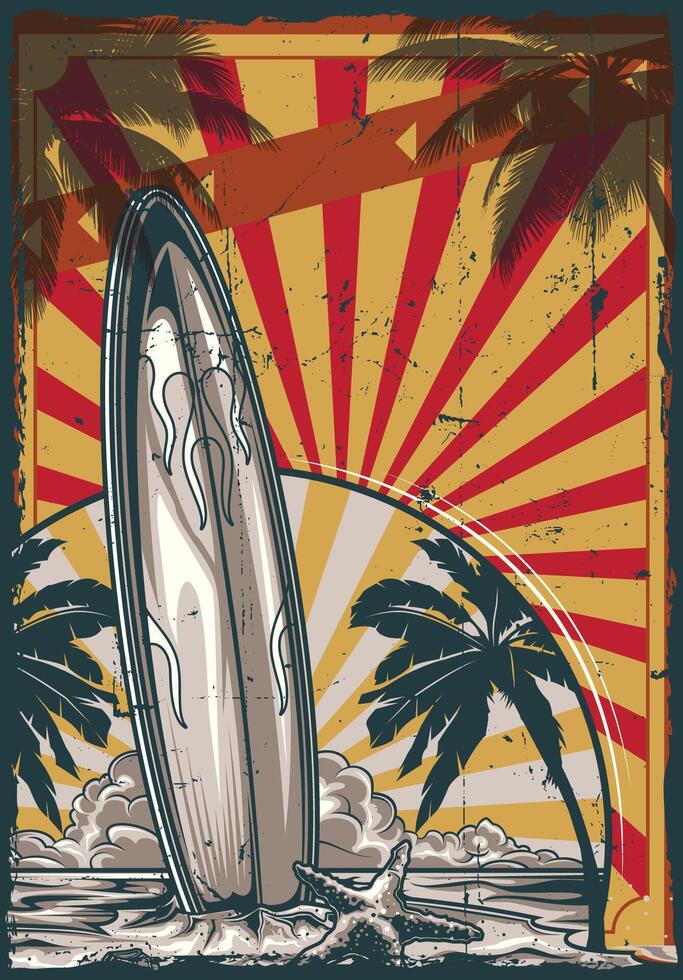 Vintage surfboard poster with palm trees and sun. vector