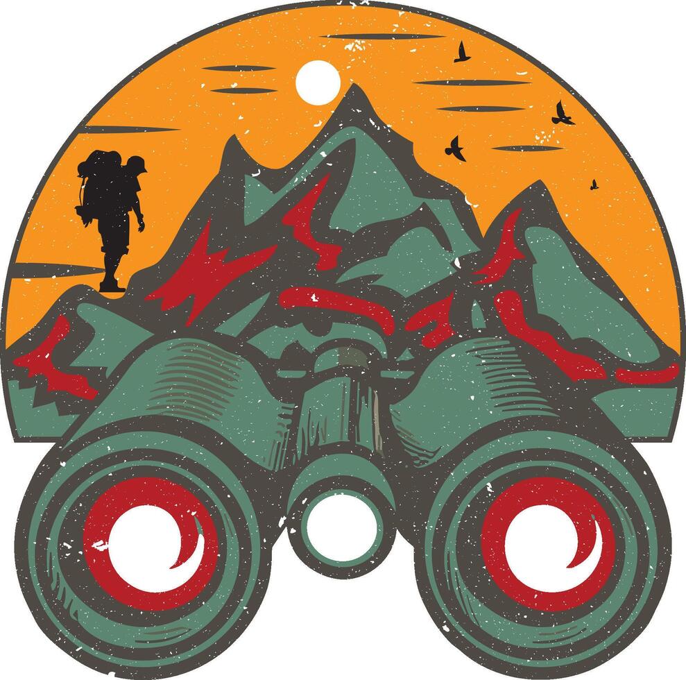 A vintage style illustration of binoculars with mountains in the background. vector