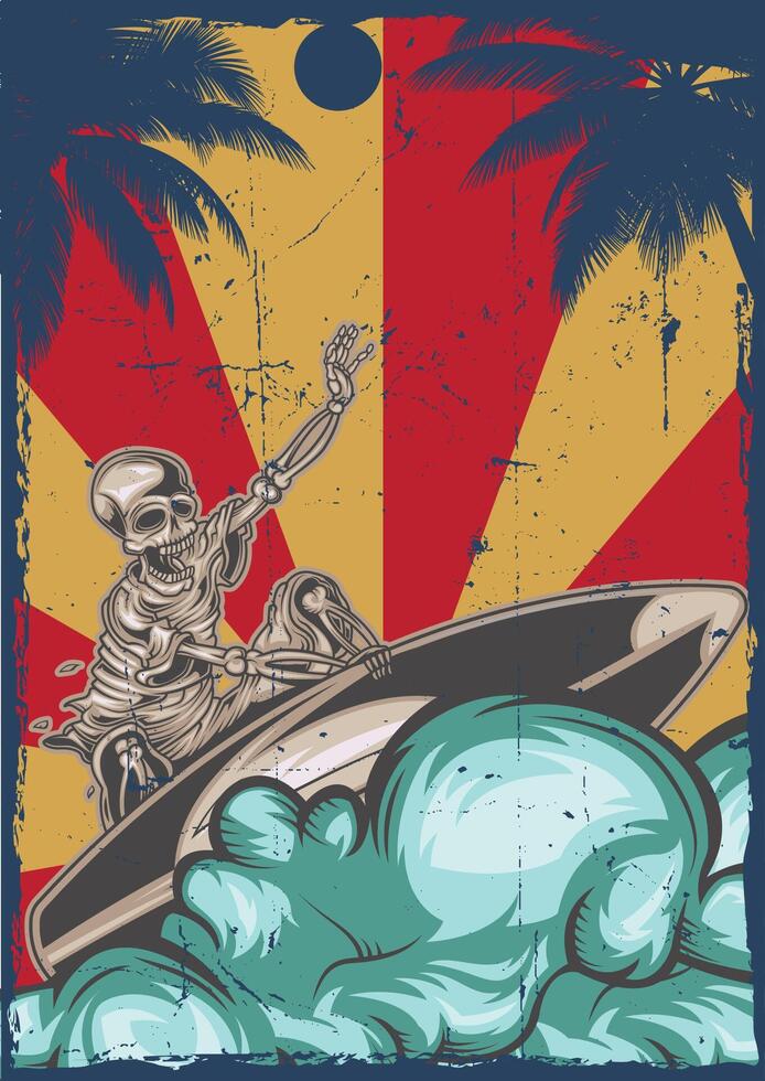 A poster with a skeleton riding a surfboard. vector