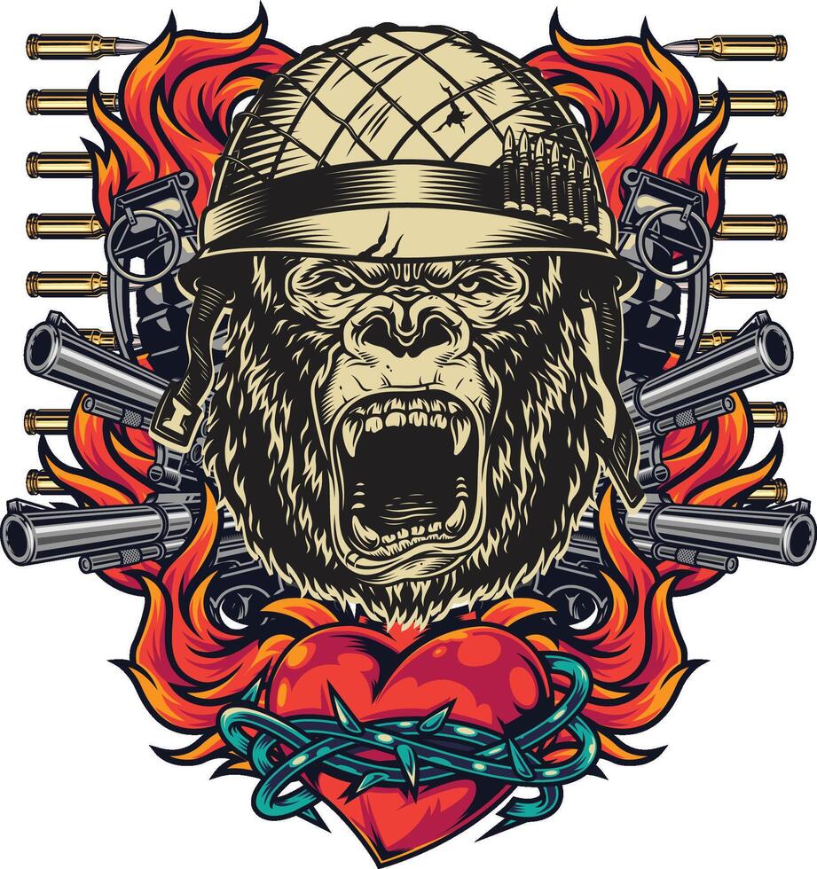 A gorilla in a helmet with guns and flames. vector