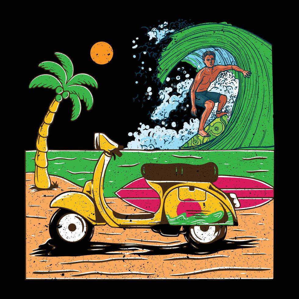 A man riding a scooter on the beach with a wave and palm trees. vector