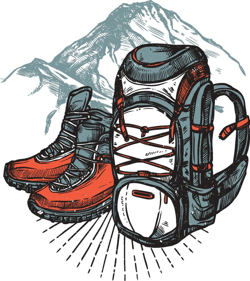 Hiking backpack and hiking boots with mountain background. vector