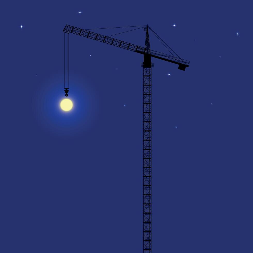 tower crane, silhouette against the night sky with moon and stars vector