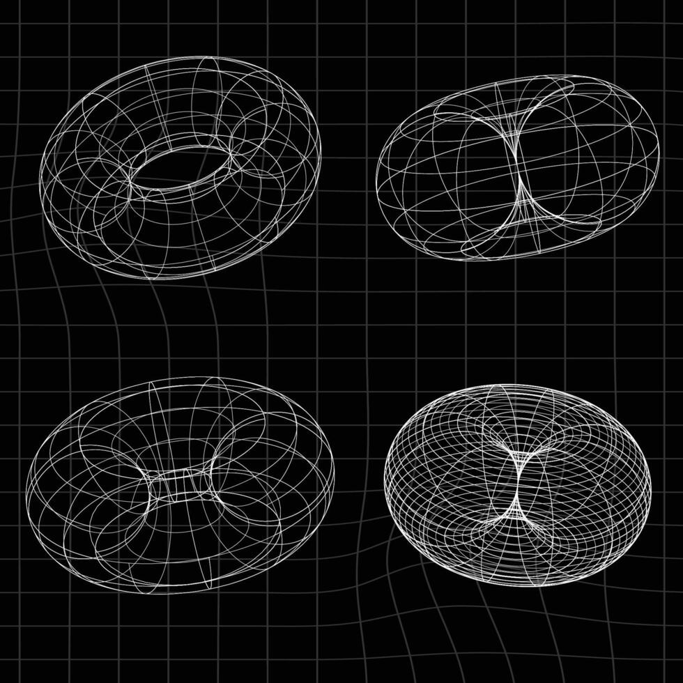 Set of retrofuturistic design elements. Collection of perspective grids, tunnels in cyberpunk 80s style. Cyber retrowave design elements for poster, cover, banners. Vector