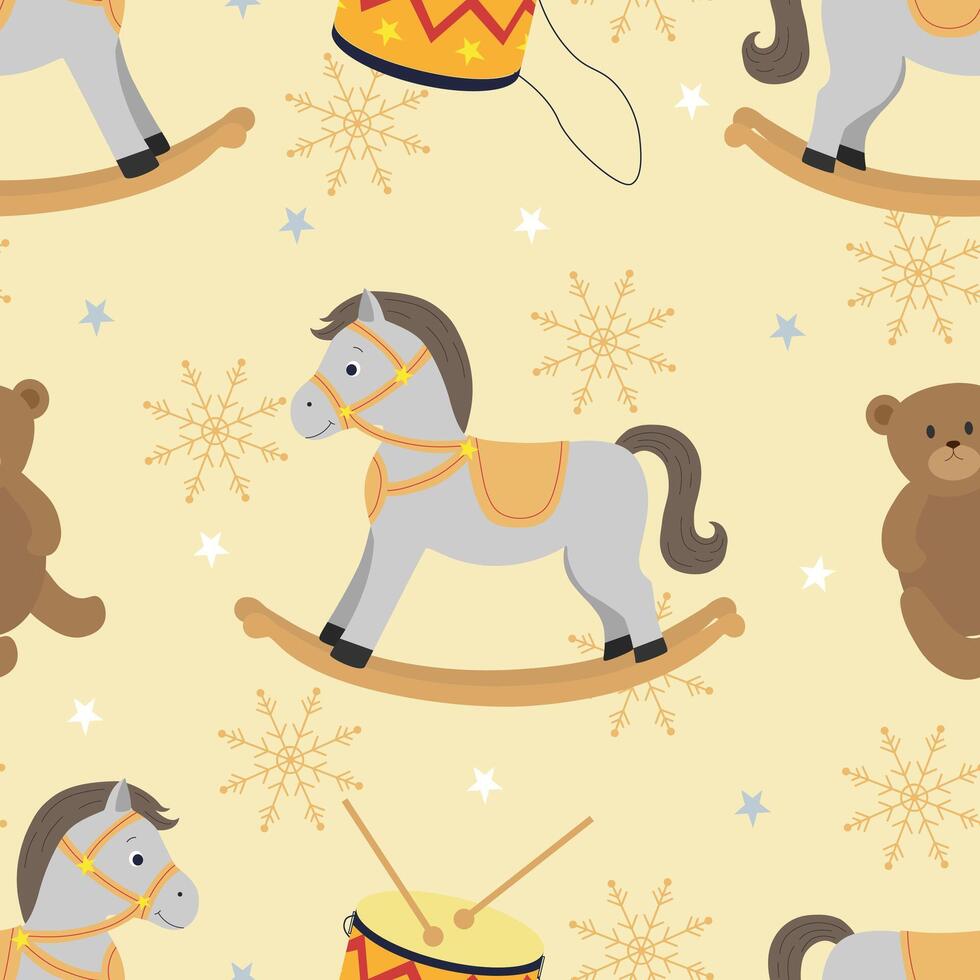 Seamless pattern with vintage rocking horse and teddy bear in cartoon style. Vintage toys pattern for nursery vector