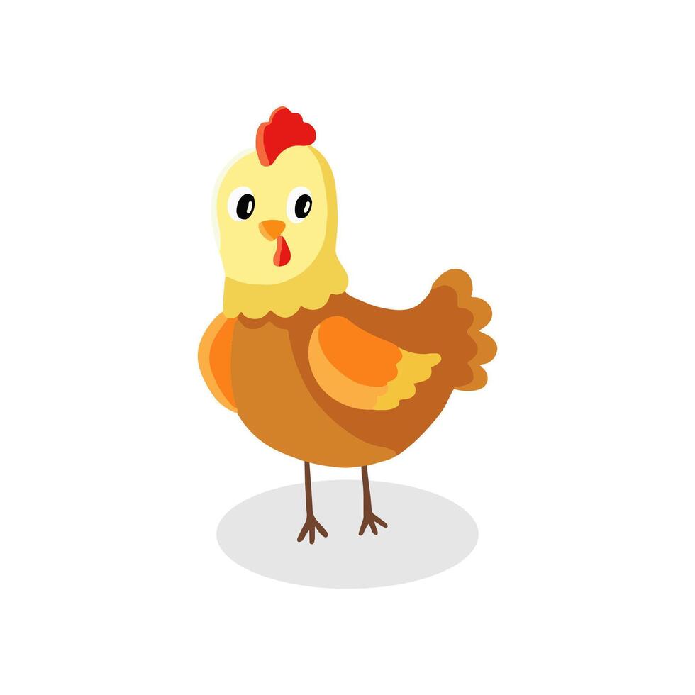 ilustración de un linda dibujos animados pollo en pie en un llanura antecedentes vector