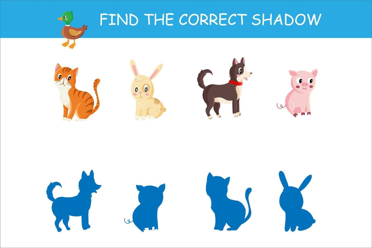 Find the Correct Shadow - Educational Game for Children Featuring Cartoon Animals vector