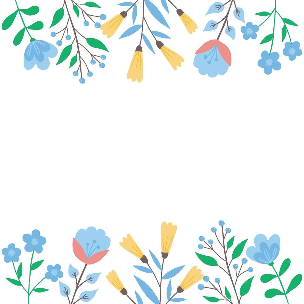 vistoso ilustrado primavera flores y hojas en un limpiar blanco antecedentes. marco de flores vector