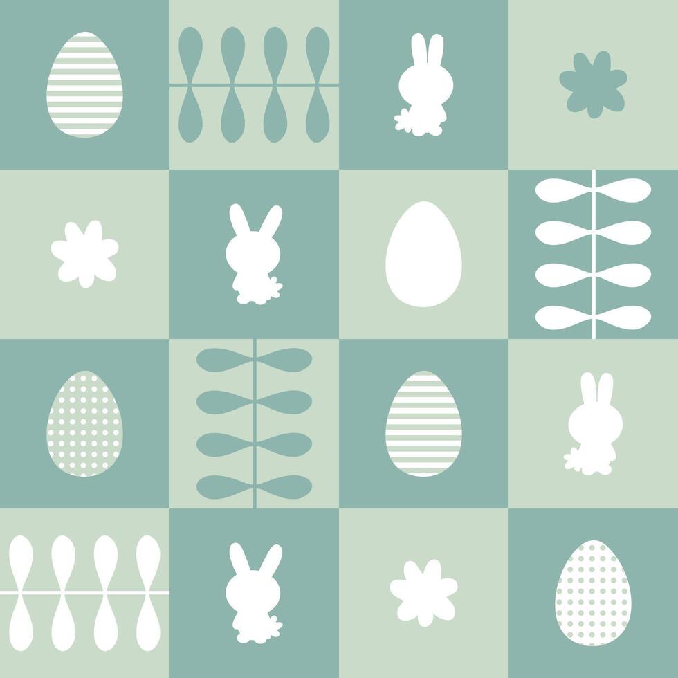 Monochrome Easter pattern with rabbits, striped and dotted eggs and flowers. Print for tablecloth, textile and fabric. Perfect surface design. vector