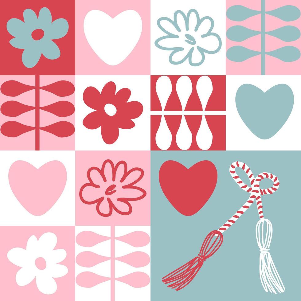 Martisor traditional accessory early spring vector checkered seamless pattern. Print for paper, textile and fabric. Perfect surface design.