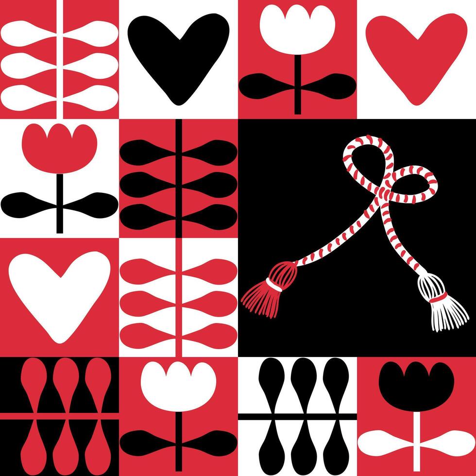 Festive vector seamless pattern with martisor talisman gift for March 1st day of spring. Print for paper, textile and fabric. Perfect surface design.