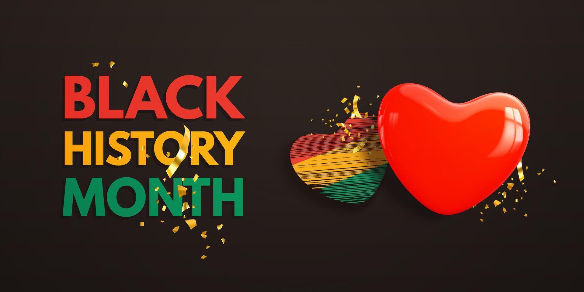 negro historia mes. bandera con realista lustroso rojo 3d corazón y corazón en colores de panafricano bandera. africano americano patrimonio celebracion concepto para volantes, tarjeta y póster. vector ilustración