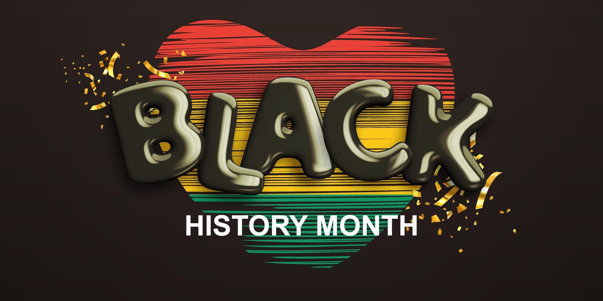 Black history month. Banner with realistic glossy 3d text against background of heart in red, yellow, green colors of Pan-African flag. African American heritage month celebration. Vector illustration